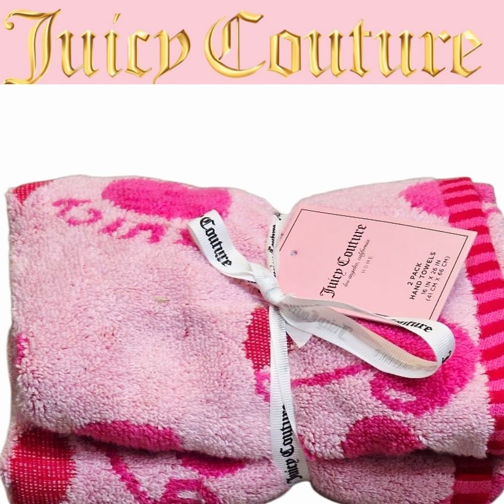 Juicy Couture Home JUICY Heart Cherry Logo Plush Hand Towel Set- Pink